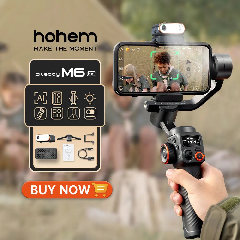 Handheld camera stabilizer with smartphone mount and hohem branding.