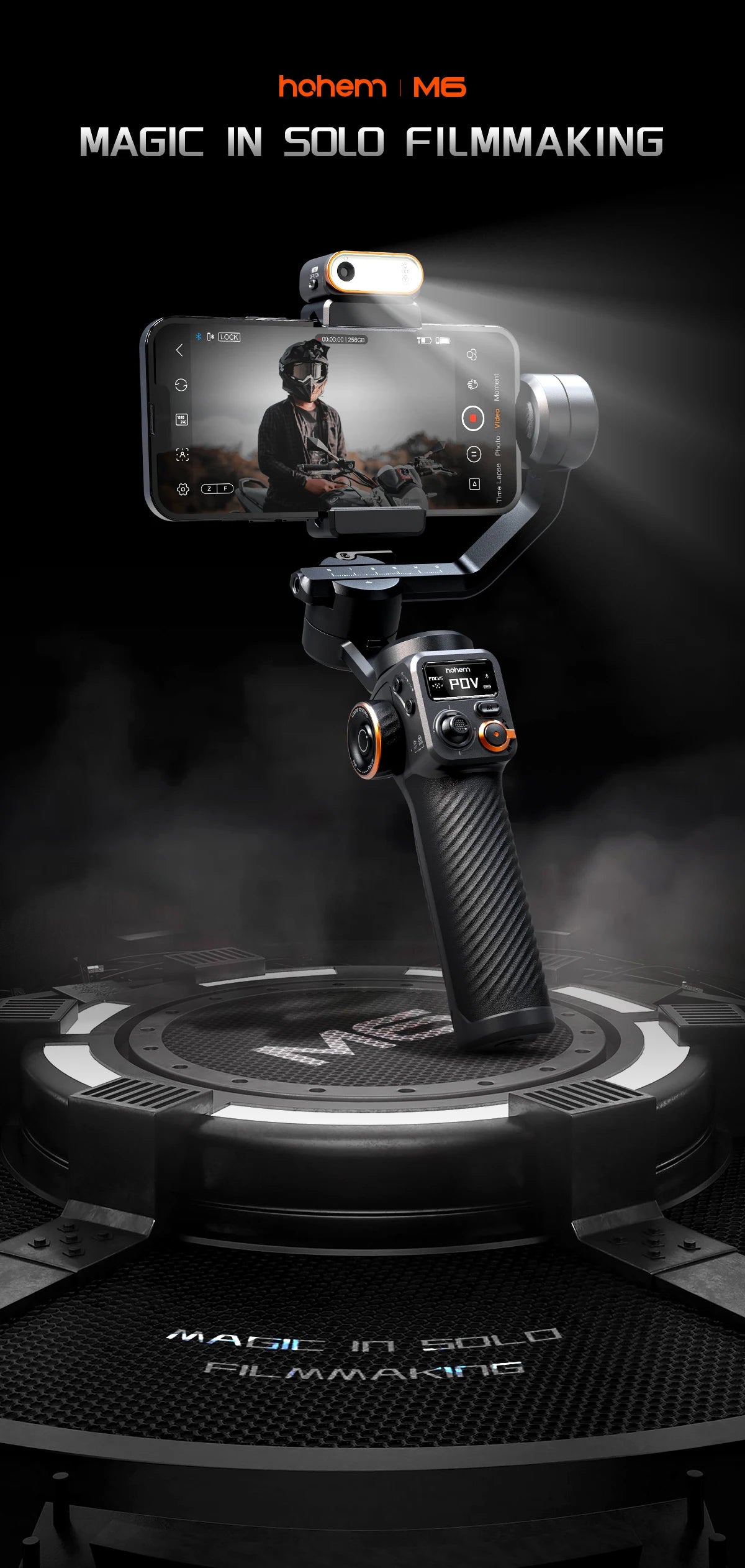 Handheld camera stabilizer with smartphone mount on a dark background