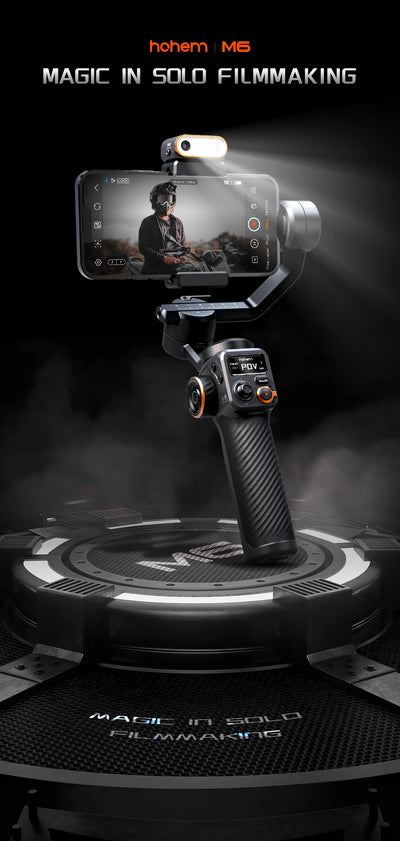 Handheld camera stabilizer with smartphone mount on a dark background