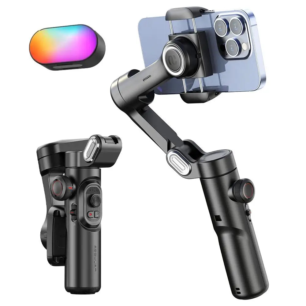 Smartphone gimbal with smartphone attached on a white background