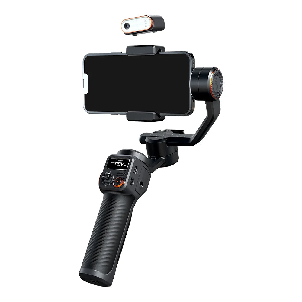 Handheld camera stabilizer with smartphone mount on a white background