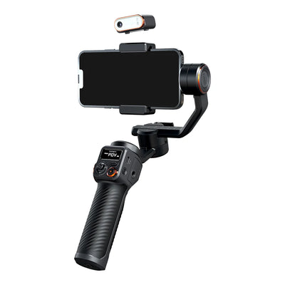 Handheld camera stabilizer with smartphone mount on a white background