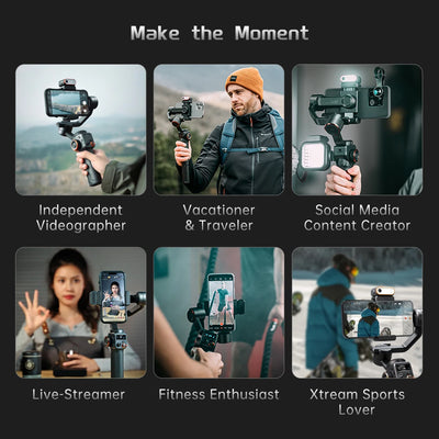 Collage of people using a camera stabilizer with text describing different users.